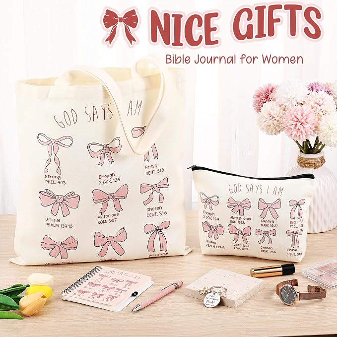 Kinlop 5 Pcs Gift Set for Women Include Tote Bag Canvas Cosmetic Bag Coil Notebook Keychain and Ballpoint Pen for Women Girls (Pink Bow,Pink)