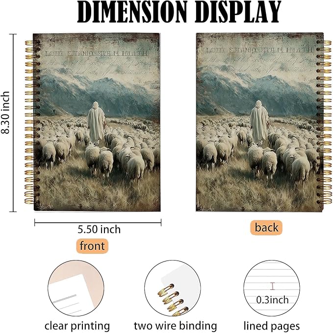 bitCNY Spiral Notebook 8.3 x 5.5 Inches, Good Shepherd Christian Art Cover, Biblical Shepherd and Sheep Journal, Lined Notebook for Bible Study Prayer and Notes