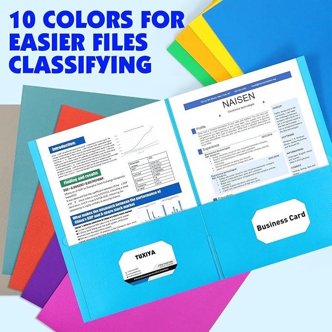 TUXIYA Folders with Pockets, 2 Pocket Folders 60 Pack, Assorted 10 Colors, Letter Size Thick Paper Pocket Folder for School Office Business Home
