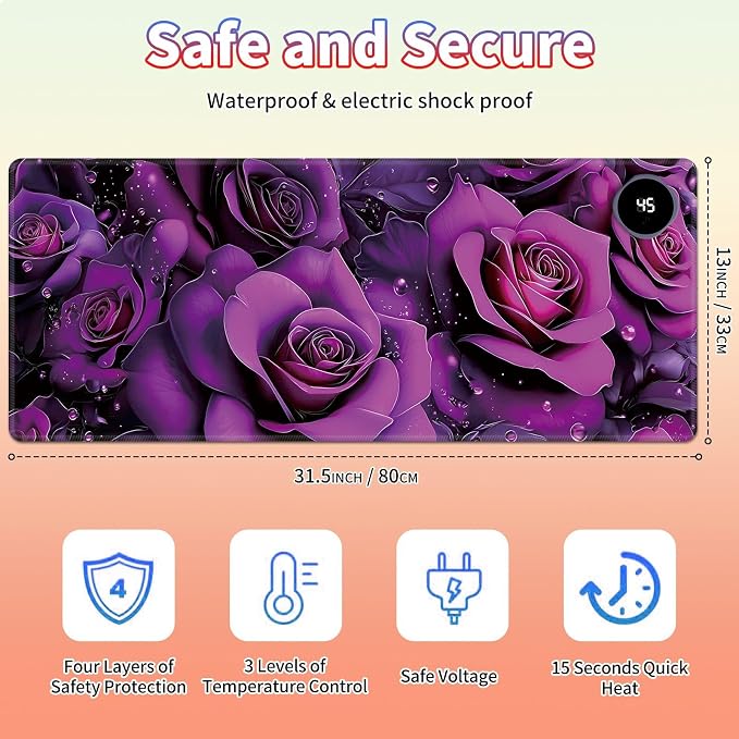 Heated Desk Pad Large Mouse Pad 31.5 x 13 inch with 3 Levels Heating & Auto Shut-Off Warm Mouse pad PU Leather Computer Mousepad for Home Office Work - Purple Rose Flowers