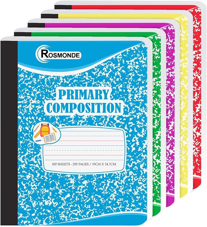 Rosmonde Composition Notebooks Primary Ruled 12 Pack, K-2, Color Marble | Primary Composition Notebook, 200 Pages (100 Sheets), 9-3/4" x 7-1/2", Grades K-2, Writing Journal, Dotted Lined, Hard Cover