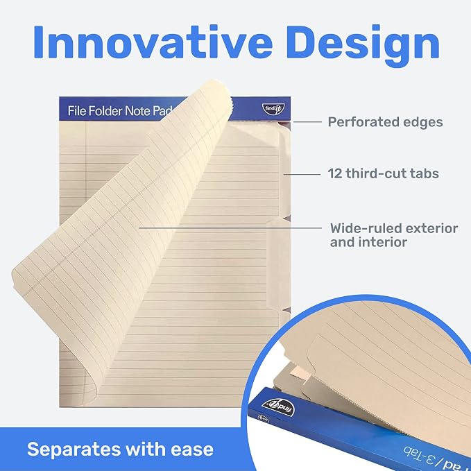 Find It File Folder Notepad - Pack of 12-9.5 x 12.5 Inch Notebook Organizer Folders for Filing, Document, and Clipboard Organization - Cream | Wide-ruled clipboard-style pages, tear-out perforated sheets, great for office, home, and school filing organ...