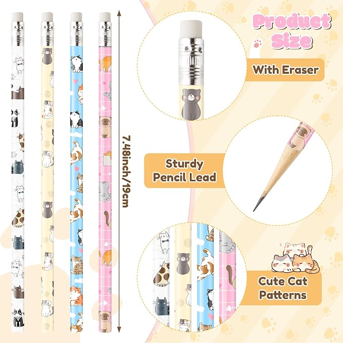 Xqumoi 60Pcs Cat Pencils with Erasers - Kawaii Cat Themed #2 HB Wooden Cute Pencils in Bulk Birthday Party Favors Classroom Student Rewards Goodie Bag Fillers Stuffers Back to School Gift