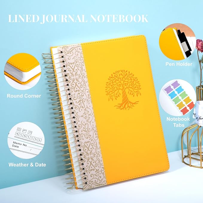 Spiral Notebook Leather Journal for Women, 300 Pages, 7X10,Yellow | Large Notebooks for School Office, Note Taking Notebooks for Writing Lined Notebook with Tabs Pockets Pen Holder