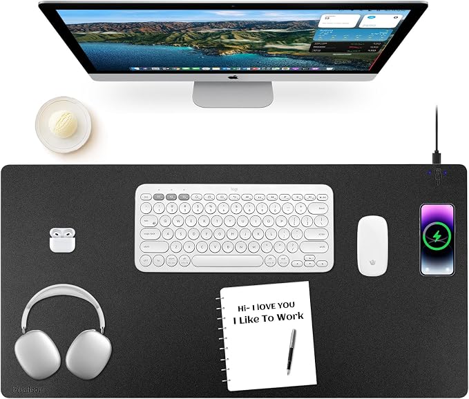 Wireless Charging Mouse Pad Firelison 2 in 1 Leather Multifunctional Office Desk Pad with Non-Slip Rubber Base, Waterproof Desk pad for Computers/Office/Work/Home/Decor（ 36" x 17"Black - R）