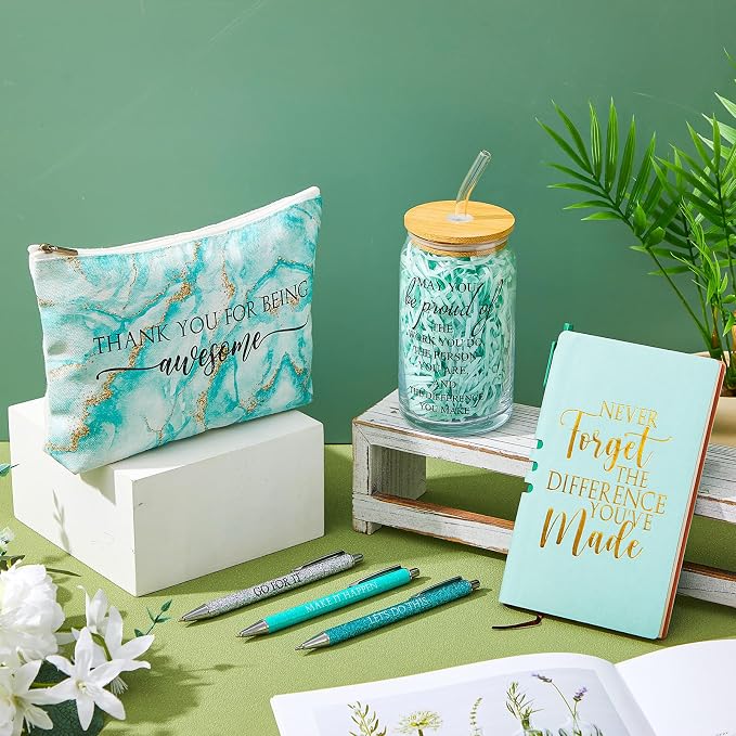 Funnymoom 6 Pcs Appreciation Gifts Set for Women Back to School Teacher Gifts Employee Thank You Gift with 17 oz Glass Tumbler Journal Pens and Pouch for Coworkers Educators,Marble,Green