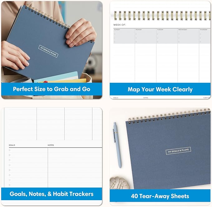 Blue Sky Undated Weekly Planner Pad, 12"x9", Navy | Top Safety Wirebound, Notes Section, For Office and School
