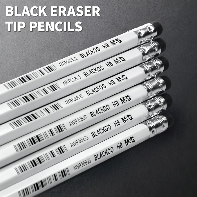 M&G BLACKOO Series HB Wood-Cased Pencils, 24-Pack Pre-Sharpened with Top Erasers, Bulk Black Pencils for School, Teachers, Writing, Drawing and Sketching (White)