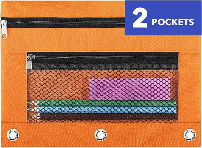 Pencil Pouch for 3 Ring Binder - 3 Hole Zipper Pen Case Bag Holder Bulk Accessories Clear Window Aesthetic Organizer Pockets