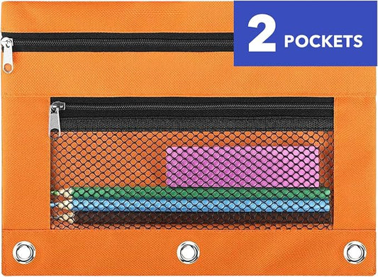 Pencil Pouch for 3 Ring Binder - 3 Hole Zipper Pen Case Bag Holder Bulk Accessories Clear Window Aesthetic Organizer Pockets