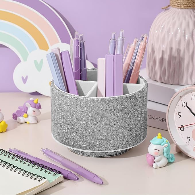 Epakh PU Leather Glitter Pen Holder 360 Degree Spinning Silver Bling Pencil Cup Gift for Teacher Women Girls Makeup Brush Organizer Cup Desk Office Classroom Home Back to School Festival (6 Inch)