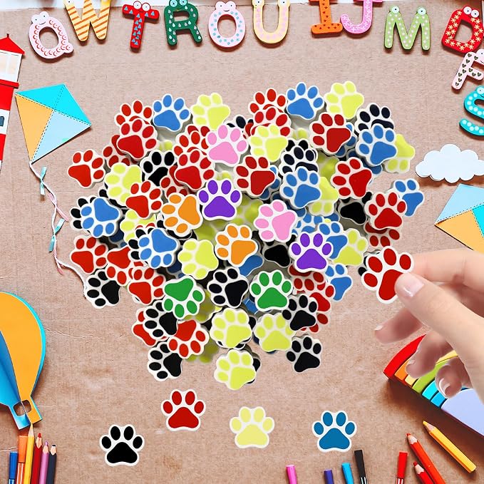 Weecent 48 Pcs Paw Erasers 8 Colors Paw Print Erasers Dog Birthday Party Favors Cat Party Gifts Welcome Back to School Supplies