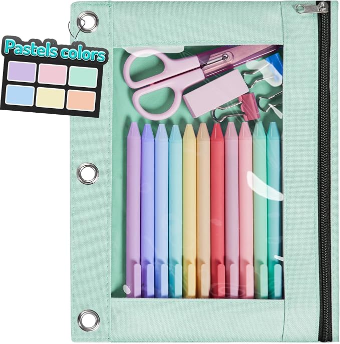 Forvencer Pencil Pouch for 3 Ring Binder, Pastels Pencil Case with Smooth Zipper, Cute Soft Pen Bag with Clear Window & 3 Reinforced Grommets, Big Capacity Binder Bag, School Office Supplies, Green