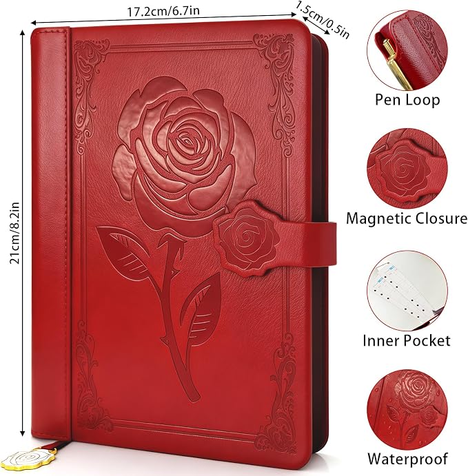 Aocii leather Journal for Women, A5 lined Daily Journal Notebook, Pretty Journaling for Writing, Hardcover Vintage Travel Journals, 224 Pages, Pen included (burgundy)