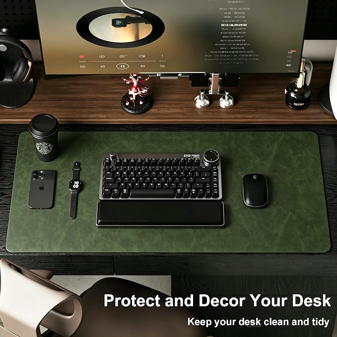 Distressed Leather Desk Mat - Non-Slip PU Leather Desk Pad Protector - Large Waterproof Mouse Pad Computer Keyboard Desk Mat Desk Accessories for Office & Home (Forest Green, 36"x17")