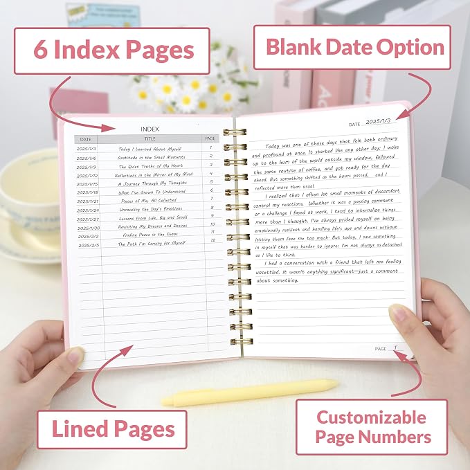 SUNEE Lined Spiral Journal Notebook for Women, 146 Pages College Ruled Hardcover Journaling Notebook for Work, Note Taking and Office School Supplies, A5 - Pink
