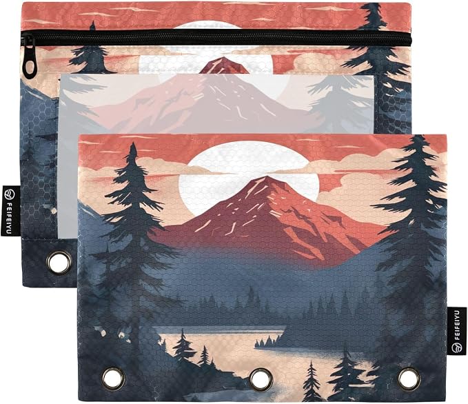 A Mountain Pencil Pouch Fits standard 3-ring binders, Zipper Binder Pencil Bag with Clear Window for Office 2 Pack