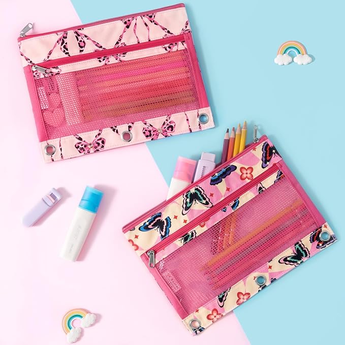 WAWSAM Bow Pencil Pouch for 3 Ring Binder, Zipper Pencil Pouches for Girls | 2 Pocket Clear Window Pencil Case, 3 Ring Pencil Pouch for School Supplies, Pencil Bags for Office College