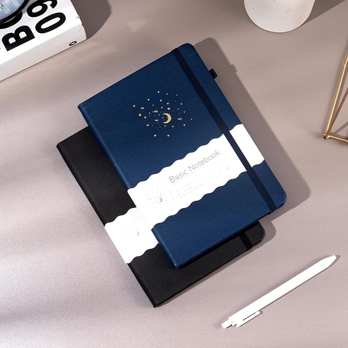 CAGIE 2 Pack Lined Journals Notebooks for Work, Hardcover Notebook Journal with Pen Loop, A5 Small Journal for Women Men Writing Gifts, 5.7" x 8.3", Blue& Black