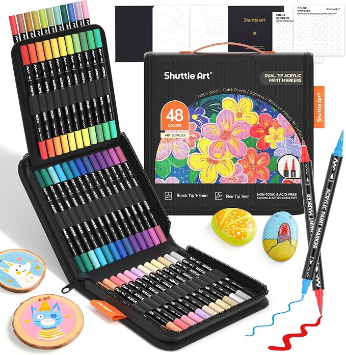 Shuttle Art 48 Colors Dual Tip Acrylic Paint Markers, Brush Tip and Fine Tip Acrylic Paint Pens for Rock Painting, Ceramic, Wood, Canvas, Plastic, Glass, Stone, Calligraphy, Card, DIY Football Crafts