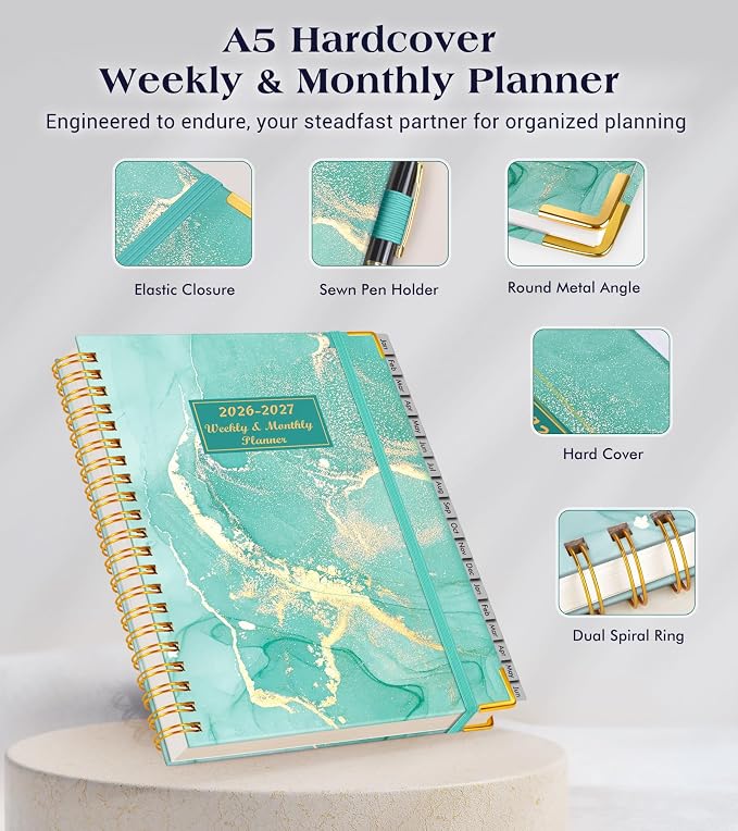 Planner 2026-2027, 18 Months Weekly and Monthly Hardcover Planner, January 2026 - June 2027, 5.75" x 8.38" A5 Daily Calendar Planner Book with Tabs, Spiral Yearly Agenda Organizer Notebook for School Work Home, Teal Marble