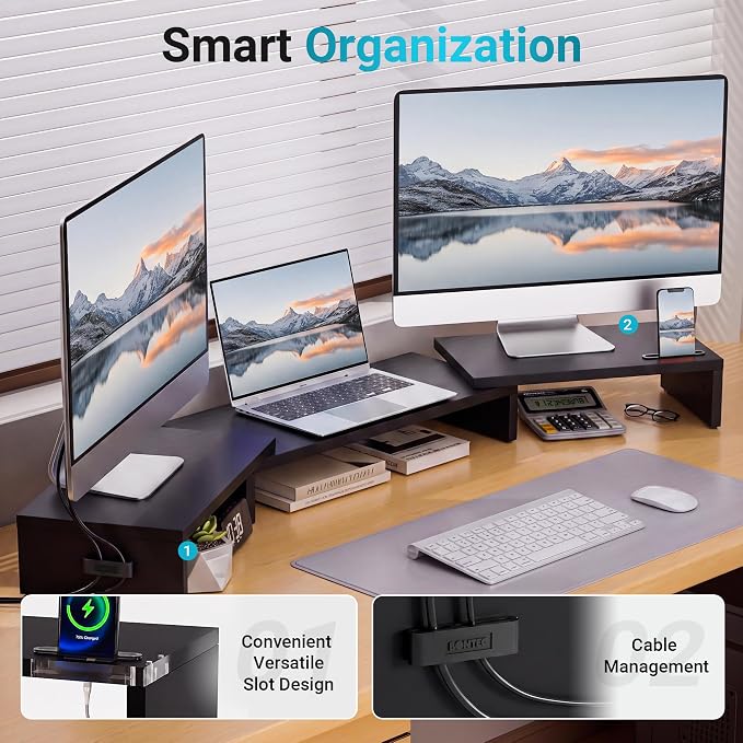 BONTEC Triple Monitor Stand Riser with Smartphone Holder, Adjustable Length & Swivel Angle, Ergonomic Wooden Desktop Organizer for PC Monitor, Laptop, Printer, Large Storage, 53.3 in, Black