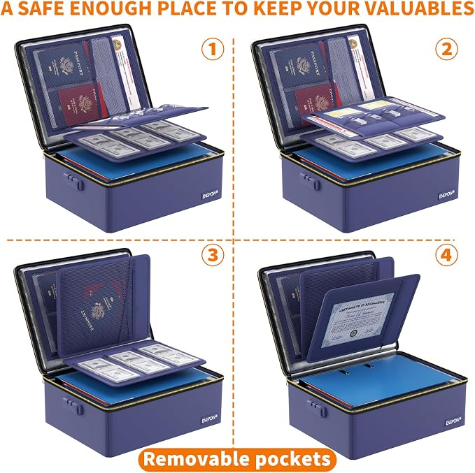 ENGPOW Fireproof Document Box with Lock & Heat-Resistant Fireproof Zipper | 6400°F 12-Layer Fire Protection, Hard File Organizer with Pockets, Portable Home Chest Safe Storage for Money,Jewelry, Blue