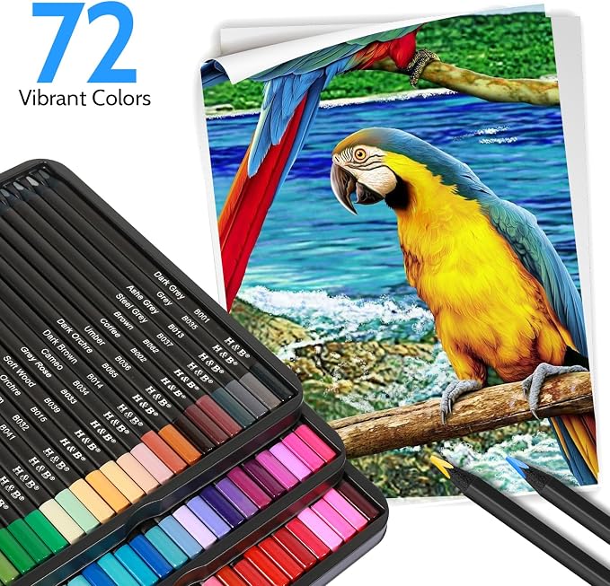 H & B 72-Color Oil-Based Colored Pencils Set with Tin Case – Triangular Grip, Vibrant Soft Core, Black Paper Swatch Sheet & Mandala Stencils for Adults, Beginners & Artists