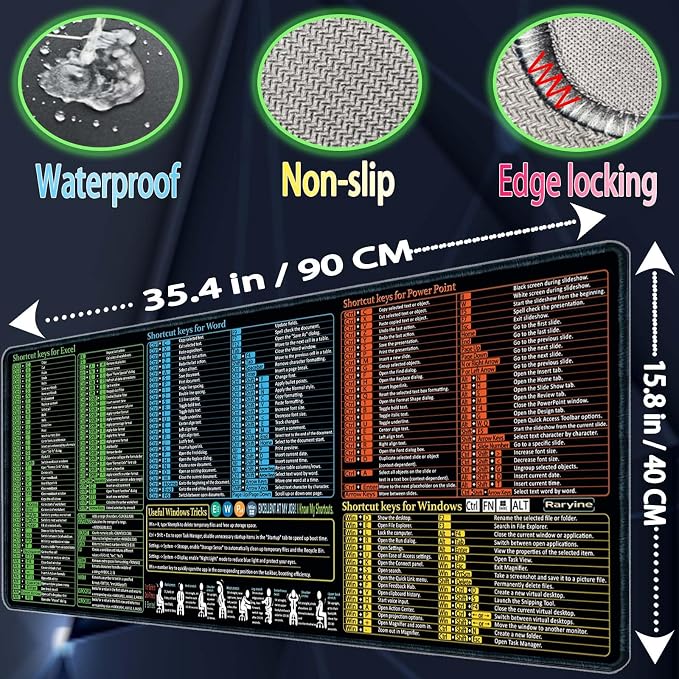 Excel/Word/Power Point/Windows Mouse pad,Non-Slip&Waterproof Large Gaming Office pc Desk mat(XXL 35.4x15.8 in),Over 200 Keyboard Shortcuts Mousepad