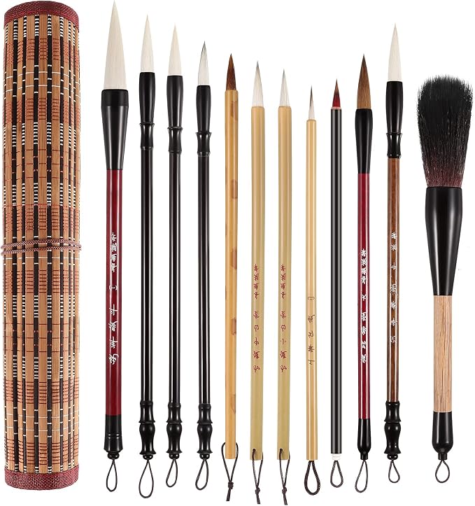 12 Pieces Chinese Calligraphy Brush Set with Sumi Watercolor | Roll-Up Bamboo Holder, Japanese Kanji Writing, Ink Painting, Goat Hair Tips, Beginner Artist Kit