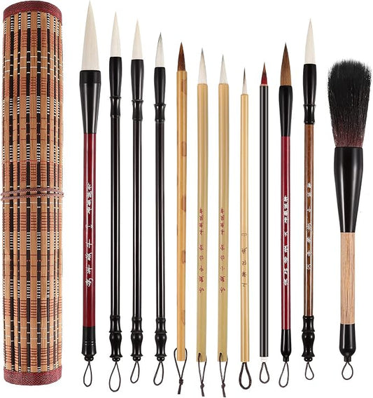 12 Pieces Chinese Calligraphy Brush Set with Sumi Watercolor | Roll-Up Bamboo Holder, Japanese Kanji Writing, Ink Painting, Goat Hair Tips, Beginner Artist Kit