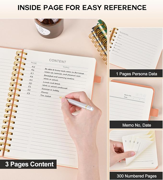 PERCUN B5 Spiral Notebook 300 Numbered Lined Pages Hardcover Journal 7"x10" | College Ruled Spiral Bound Notebook with Tabs, Large Leather Journal for Women Men, Work, School, Travel,Writing,Note Taking