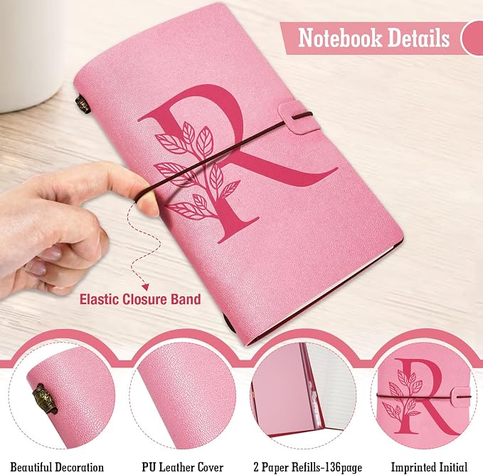Personalized Journal Gift-Pink Initial Leather Journal+Heart Diamond Pen Set,Travel Notebook Diary Gifts,Refillable Notepads,Christmas,Birthday Gifts for Women Girls (7.9"x4.7") (R)