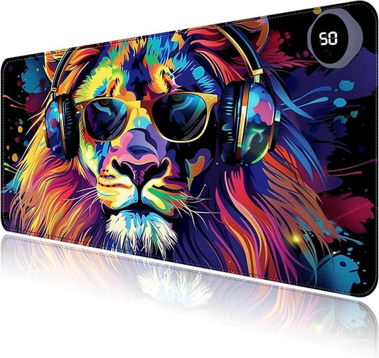 Heated Mouse Pad with 3 Levels Heated & 3 Hours Auto Shut-Off Mouse Pad for Warming Hands in Office Home, 31.5" x 13"Large Safe Desk Mat Hand Warmer，Lion with Headphones