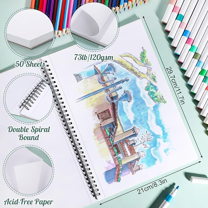 50 Sheets Marker Paper Pad, 8.3×11.7 Inch Bleedproof Art Sketch Pad, 73lb/120gsm Drawing Paper Spiral Sketch Book, Alcohol Marker Paper Painting Coloring Paper for Beginners, Artists, Gift