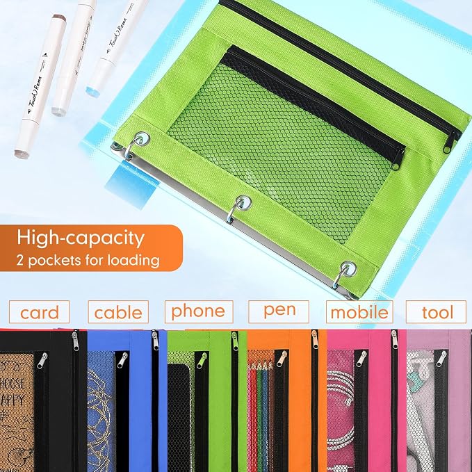 Leelosp 48 Pack Pencil Pouch for 3 Ring Binder Mesh Zipper Pencil Case Bags Binder Pouches Bulk for School Writing Utensils Storage Supplies (Vivid Colors)