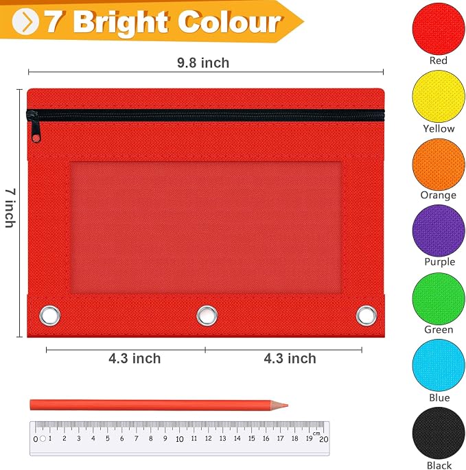 Pencil Pouch for 3 Ring Binder, 63 Pack Bulk Zipper Pencil Cases with Clear Window, 7 Assorted Color Cloth Binder Pouches with 3 Holes, Durable Pencil Bags for Classroom School Office Supplies