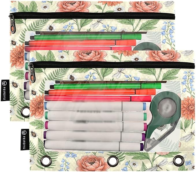 Gredecor 3 Ring Binder Pencil Pouch, Vintage Botanical Floral Zippered Pen Case Pouches with Clear Window, 2 Pack Stylish Office & School Supplie