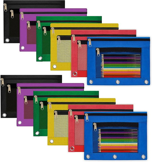 Pencil Pouch for 3 Ring Binder 12 Pack Pencil Bags with Zipper Pencil Case for Binder Large Pencil Case Pouch 3 Ring with Clear Mesh Window Double Pockets Office Supplies Assorted Color