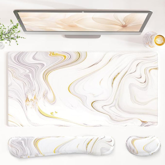 QIYI Leather Desk Mat Set, 4-in-1 Large Mouse Pad with Ergonomic Wrist Rest, Waterproof Desk Pad + Keyboard Wrist Rest + Mouse Wrist Support + Coaster, Non-Slip Office Gaming Accessories, White Marble
