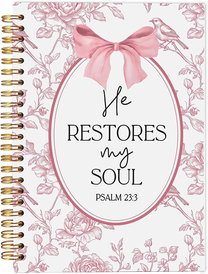 Christian Notebook for Women, Christian Gifts Journal, Prayer Journal for Women, Bible Journaling Notebook, PSALM 23:3 He Restores My Soul Floral Spiral Notebook 5.5x8.3