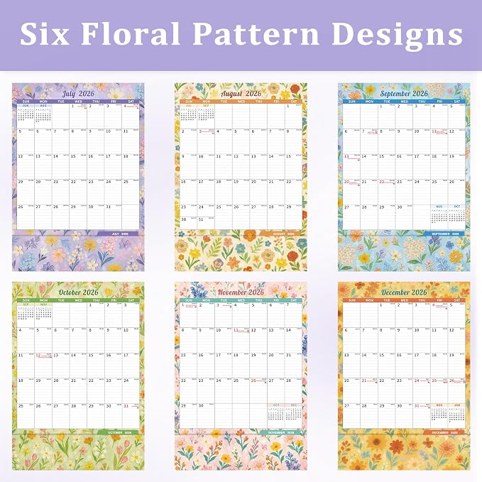 Ospelelf Wall Calendar 2026-2027 with Storage Pockets, 17" X 12" Monthly Large Planner Pad with Protective Cover and Stickers, for Family Fridge Office Teacher Student, Use July 2026 to December 2027 Artistic Floral