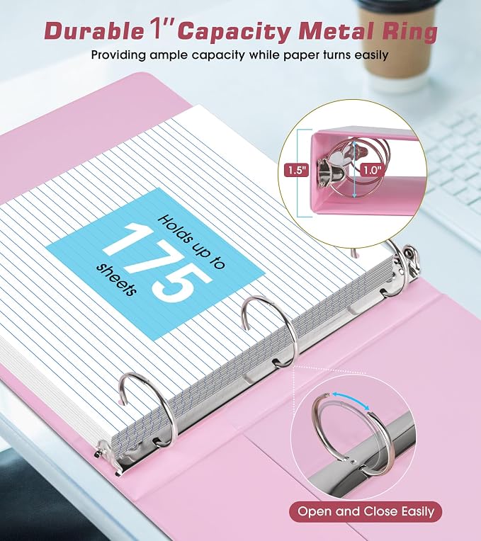 3 Ring Binder 1 inch，Cute Binder Organizer with 5 Tab Dividers Fits 175 Sheets of 8.5x11 Paper, Customizable Clear Cover with Inside Pockets, Aesthetic 1" Three Ring Binders for School Office，Pink