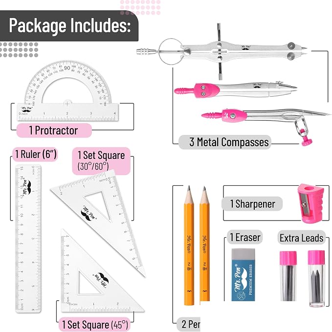 Mr. Pen- Geometry Set, 13 pcs, 3 Metal Compasses, Protractor, 6" Ruler | 45° & 30°/60° Set Squares, Pencils, Lead Refills, Sharpener & Eraser for Math, Drafting & Classroom Use