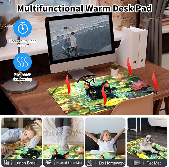 Heated Desk Pad Mouse Pad,Heated Desk Mat,with 3 Heating Levels & 3 Hours Auto Shut-Off,Leather 23.6"*14.2" Gaming Mouse Laptop Mat,Foot Warmer,Cartoon Lotus Cat