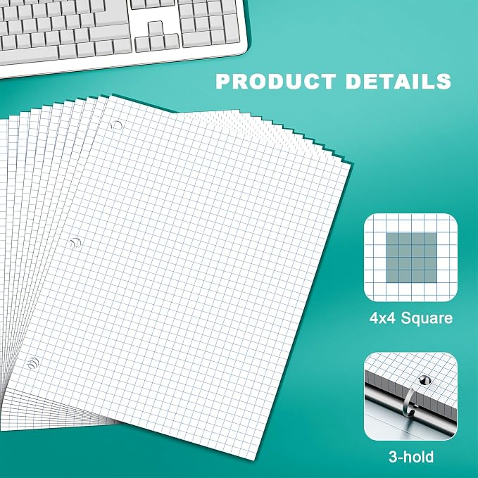 Loose Leaf Graph Paper Notebook 8 X 10.5, 240 Sheets Graphing Paper，3 Hole Punched，4x4 Quad Ruled Grid Notebook Paper, 10-1/2" X 8 Binder Filler Paper For, Engineering, Office, School