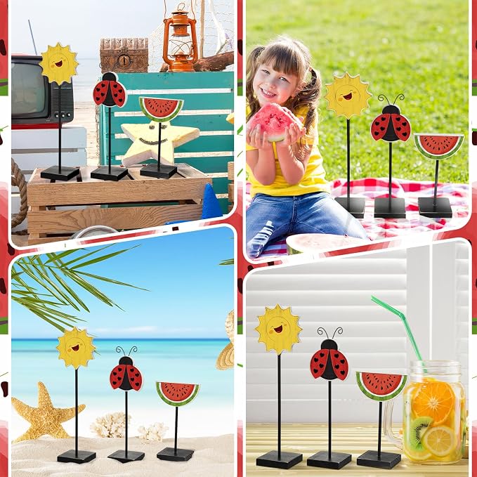 3 Pcs Summer Table Decor Wooden Watermelon Ladybug Decorations Standing Watermelon Decor Summer Table Centerpiece Rustic Farmhouse Sign for Home Kitchen Office Beach Party