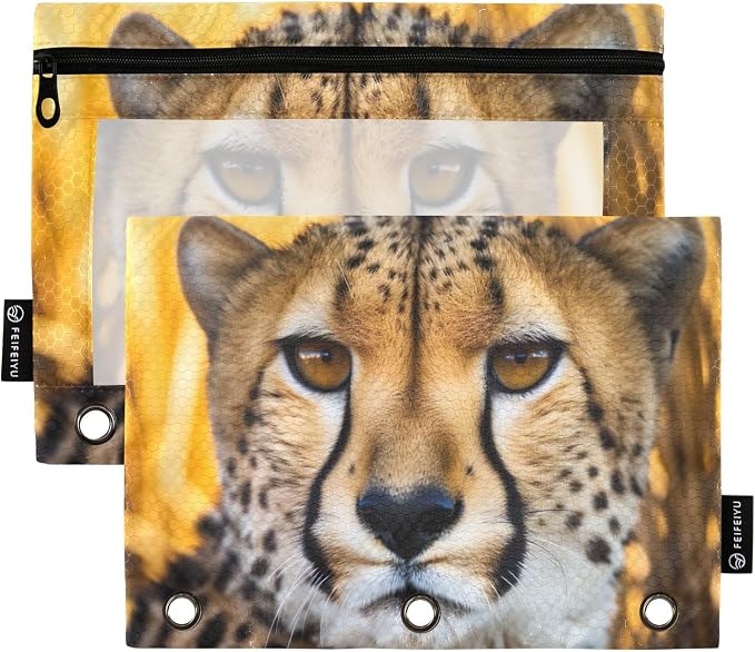 Cheetah Animal Pencil Pouch Fits standard 3-ring binders, Zipper Binder Pencil Bag with Clear Window for Class Office 2 Pack