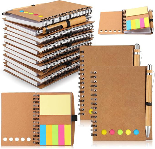 Chuangdi 10 Sets Lined Spiral Notebooks with Sticky Notes and Bamboo Pens, Back-to-school Supplies for Office Teacher Staff, Kraft Notebook with Pen Set Bulk for Employee