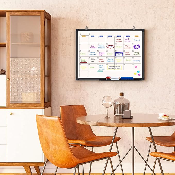 White Board Calendar Dry Erase for Wall, 24" x 18" Aluminum Frame（Black） | Magnetic Monthly Planner Board, Wall Mounted or Hanging. Calendar Design Suitable for Daily Planning of Home, Office, Class
